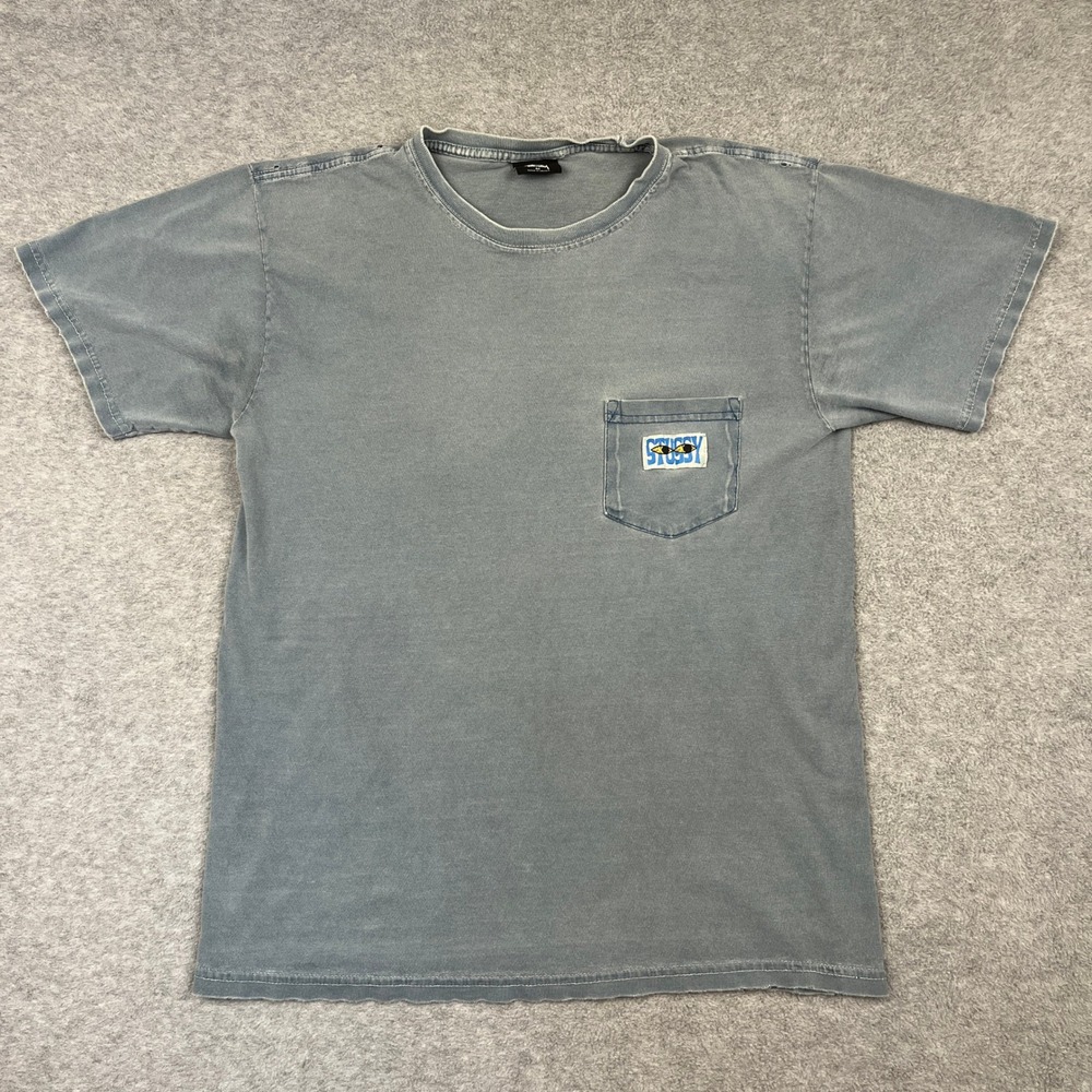Stussy T-Shirt Mens M Blue Pocket Tee Short Sleeve Logo Eye Graphic Distressed